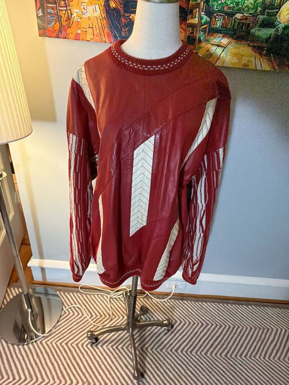 Bagazio Red and White Leather and Wool Blend Sweater Pullover men’s size L